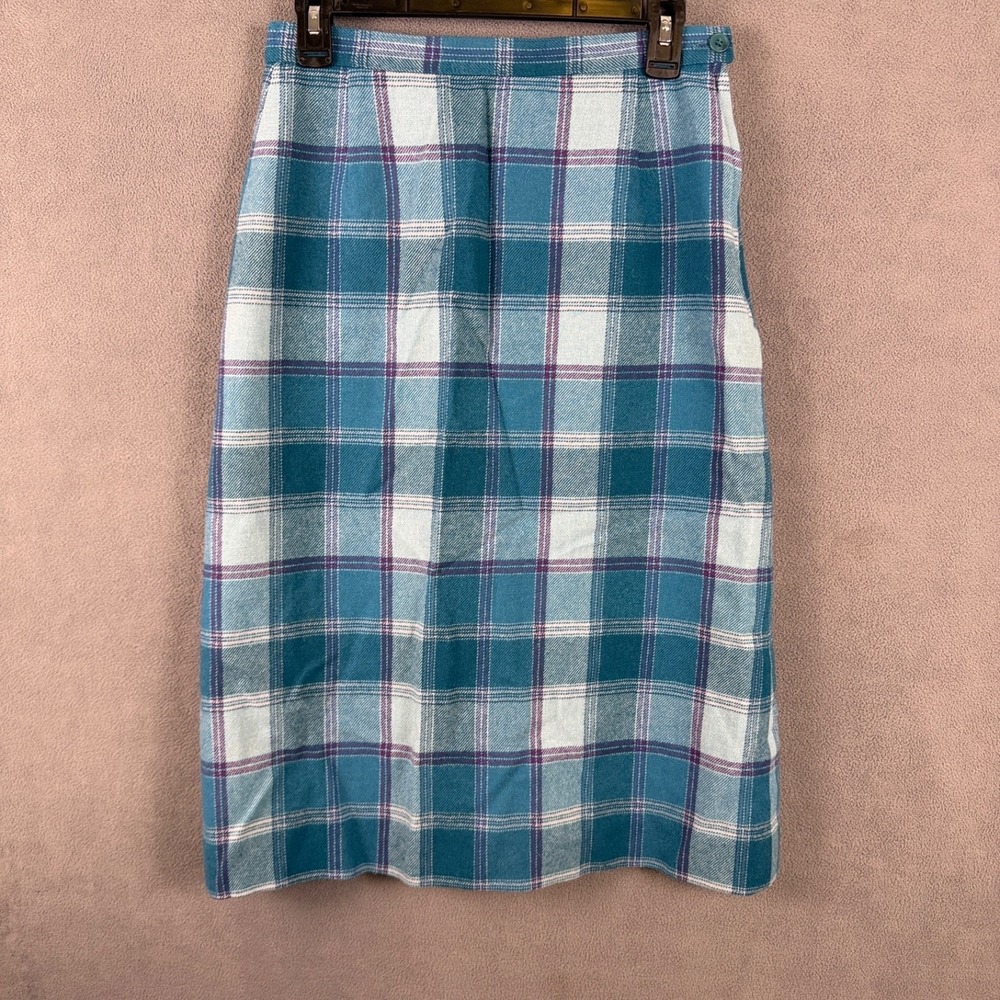 Vintage Plaid Teal Pendleton‎ Wool Skirt Size 10 Midi 1960s